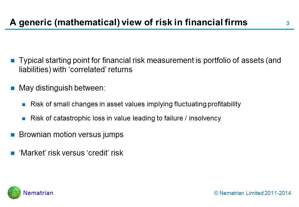 Bullet points include: Typical starting point for financial risk measurement is portfolio of assets (and liabilities) with ‘correlated’ returns. May distinguish between: Risk of small changes in asset values implying fluctuating profitability, Risk of catastrophic loss in value leading to failure / insolvency, Brownian motion versus jumps. ‘Market’ risk versus ‘credit’ risk
